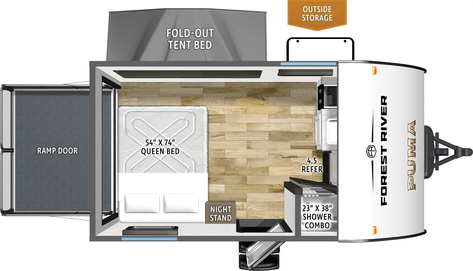 The Puma Camping Edition 141THCE floorplan is a toy hauler that has one entry and zero slide outs. Exterior features include: metal exterior. Interiors features include: front kitchen and rear bedroom.